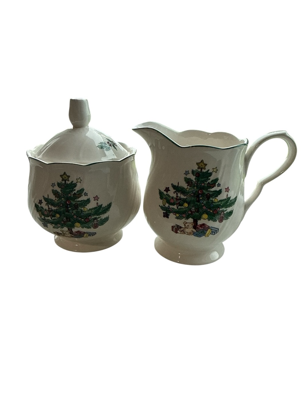 Nikko Ceramics Christmas Tree Creamer and Sugar Bowl - Green, White